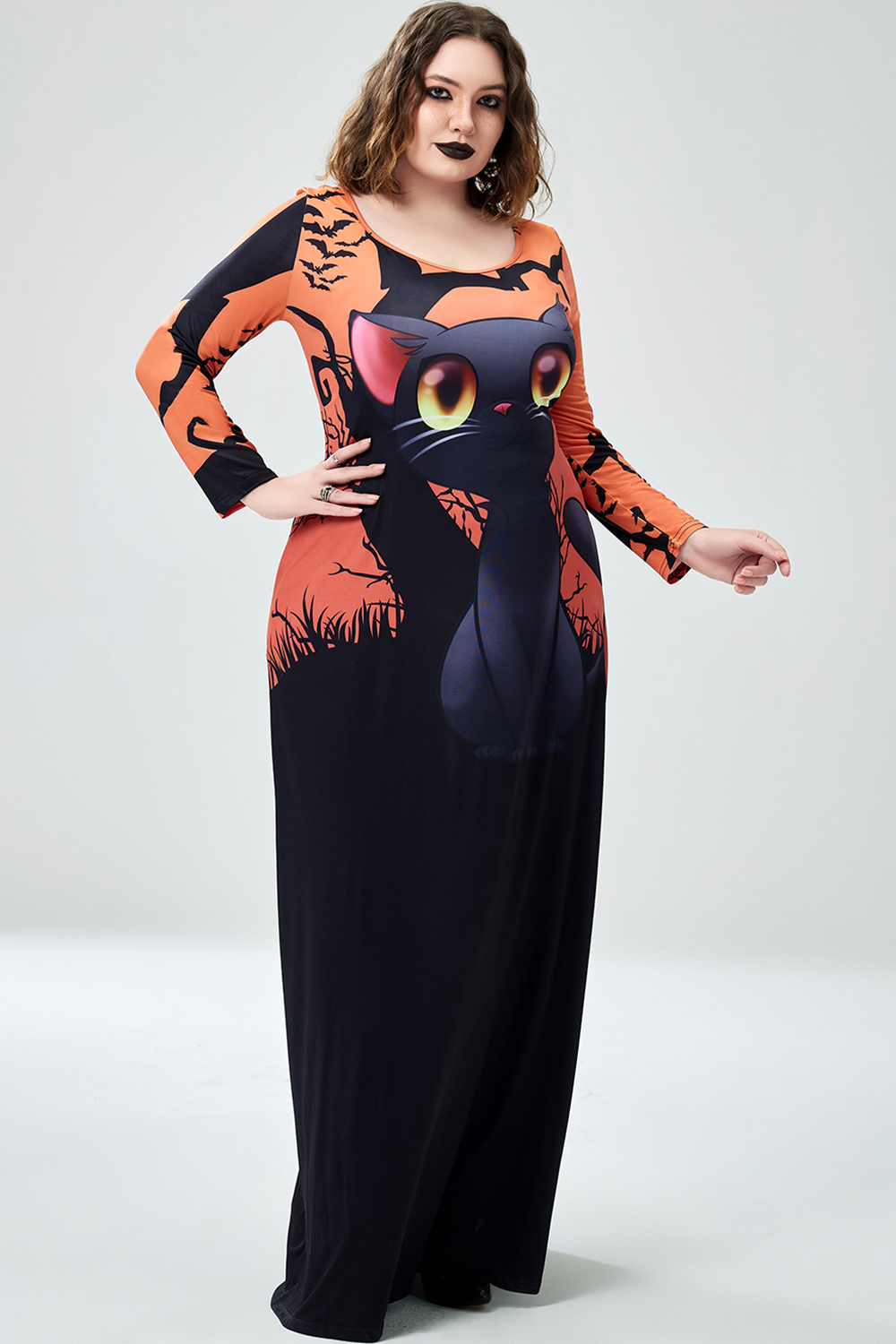 Xpluswear Design Plus Size Halloween Costume Black Cat Print U Neck Long Sleeves Loose Maxi Dress