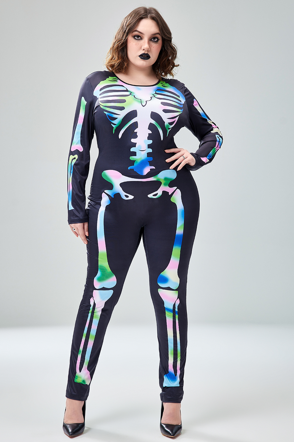 Xpluswear Design Plus Size Halloween Costume Gothic Skeleton Print Long Sleeve Round Neck Jumpsuit [Pre-Order]