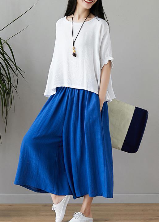 New fashion cotton and linen women loose large size was thin solid color shirt + wide leg pants two-piece