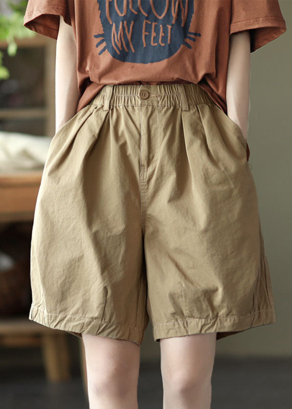 Khaki Pockets Solid Cotton Overalls Shorts Elastic Waist Summer