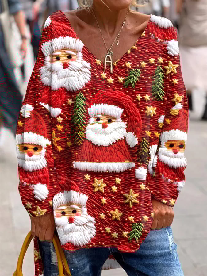 Women's Santa Print French Cashmere V-Neck Top