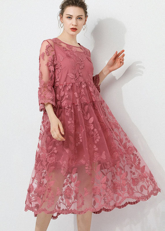 Vintage Pink Embroideried O-Neck Two Pieces Set Lace Dress