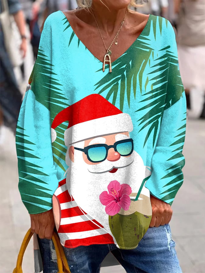 Women's Hawaiian Hibiscus Santa Print French Cashmere V-Neck Top