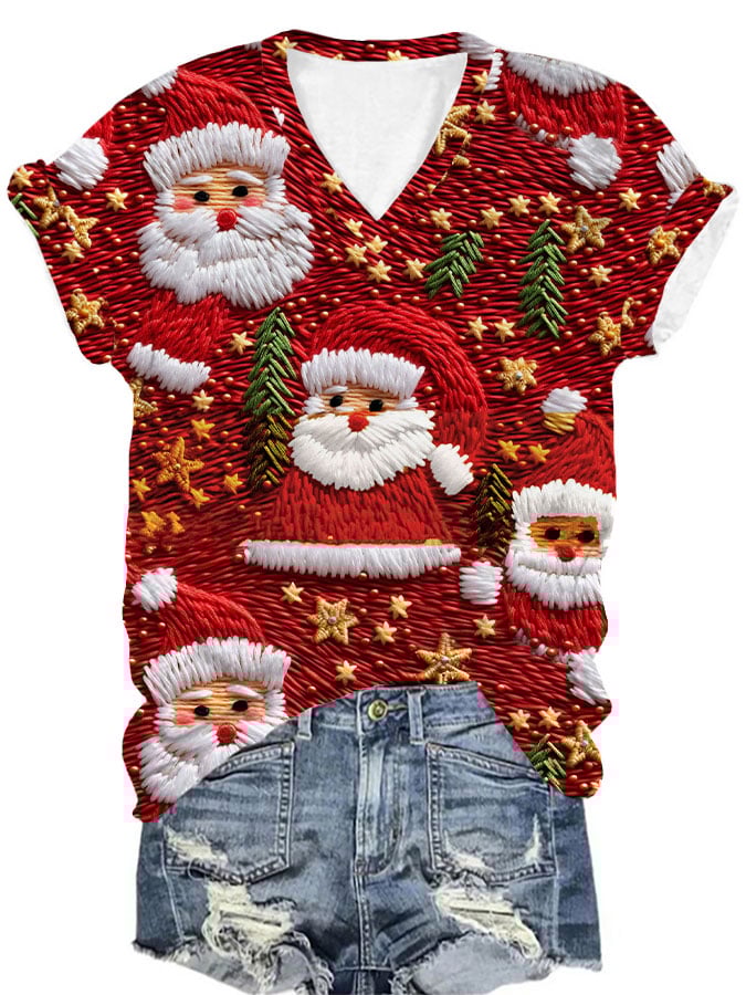 Women's Santa Print V-Neck T-Shirt