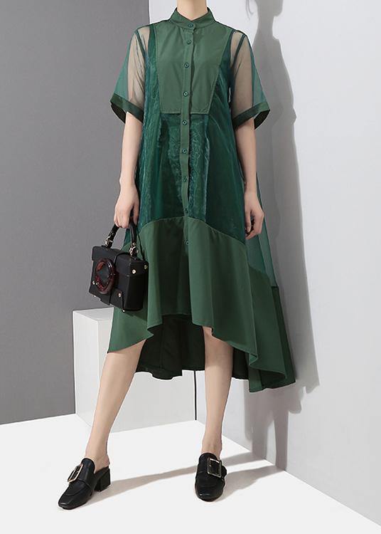 Two Pieces Women Summer Solid Green Midi Transparent Mesh Dress Set