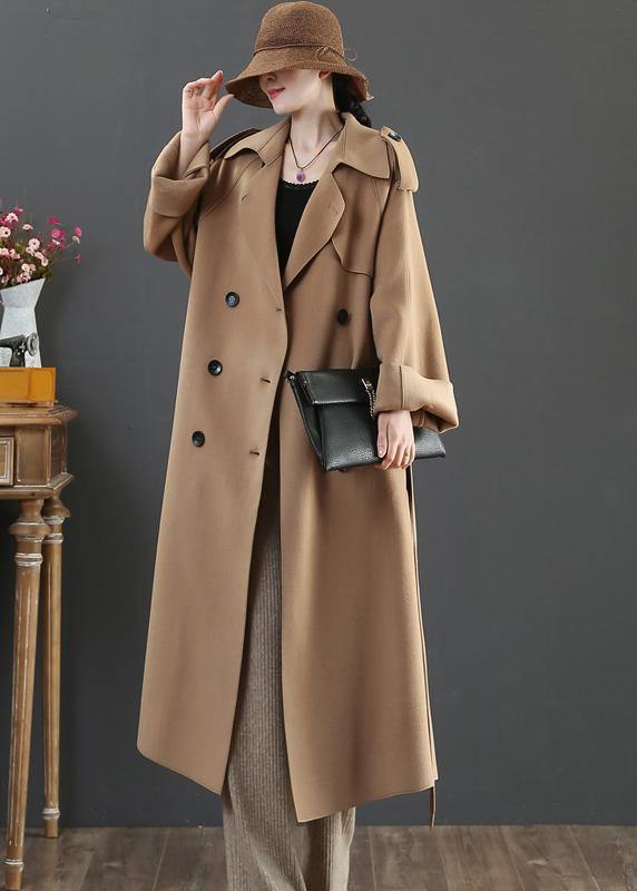 vintage plus size clothing long winter woolen outwear brown lapel double breast wool coat for woman