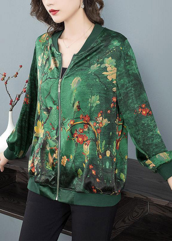 2022 Green O-Neck Print Zip Up Silk Coats Long Sleeve